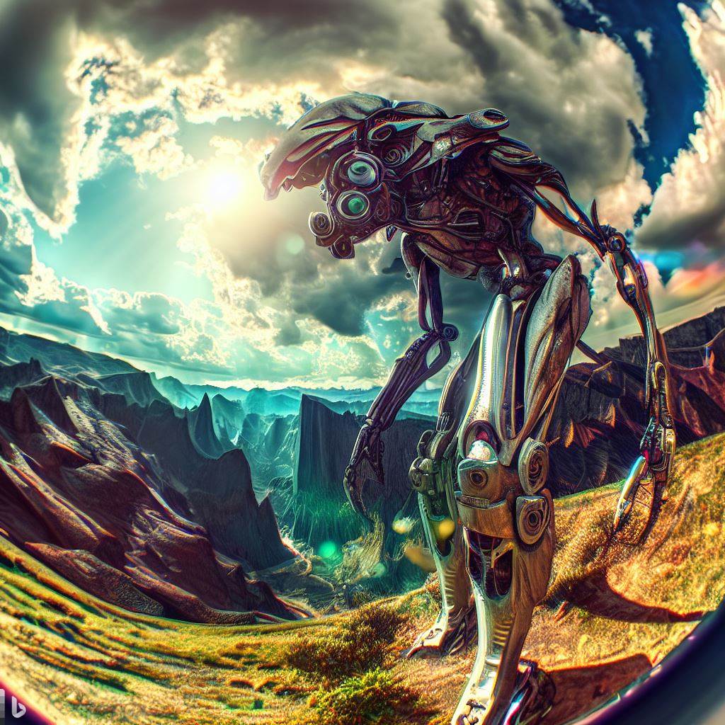 future metallic mech dinosaur in valley, surreal clouds, lens flare, fish-eye lens, realistic h.r. giger style 4.jpg
